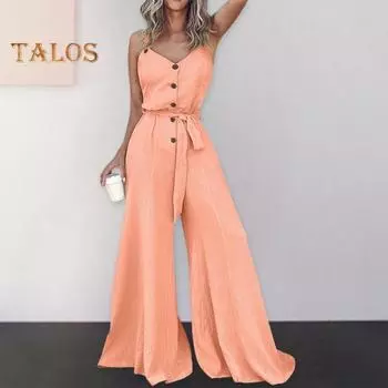 Женский комбинезон с V-образным вырезом, широкими штанинами, без рукавов, сплошной цвет, на пуговицах, на шнуровке, с тонкой талией, с глубоким промежностью, тип жилета, повседневный комбинезон до щиколотки для поездок на работу M оранжевый