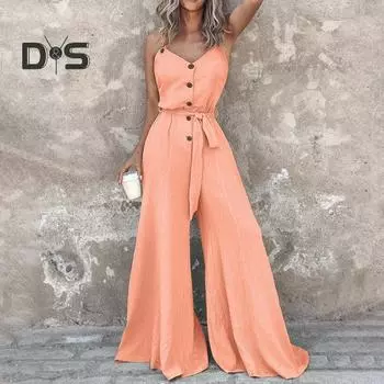 Женский комбинезон с V-образным вырезом, широкими штанинами, без рукавов, сплошной цвет, на пуговицах, на шнуровке, с тонкой талией, с глубоким промежностью, тип жилета, повседневный комбинезон до щиколотки для поездок на работу M оранжевый
