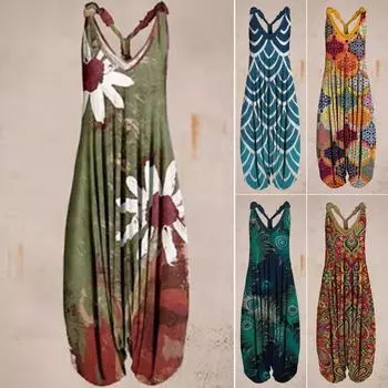 Женский комбинезон с винтажным узором, свободный летний комбинезон с V-образным вырезом и открытой спиной, уличная одежда 4XL темно-синий