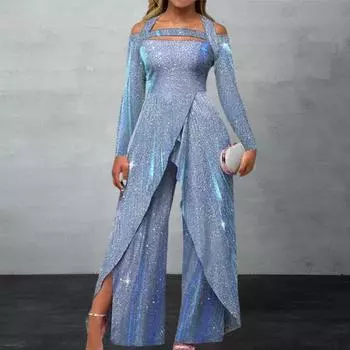 Женский комбинезон с вырезами и блестящими пайетками, с плотной талией, с бретелькой на шее, с широкими штанинами и длинными рукавами, с разрезом, нерегулярной длиной до щиколотки, женский комбинезон для выпускного вечера S небесно-голубой