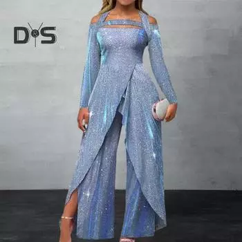 Женский комбинезон с вырезами и блестящими пайетками, с плотной талией, с бретелькой на шее, с широкими штанинами и длинными рукавами, с разрезом, нерегулярной длиной до щиколотки, женский комбинезон для выпускного вечера 3XL небесно-голубой