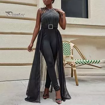 Женский комбинезон с вырезами и пряжкой со стразами, сетчатый лоскутный плиссированный комбинезон без рукавов с высокой талией, чистый цвет, для официальных мероприятий, вечеринок, выпускного вечера, комбинезон M красный