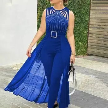 Женский комбинезон с вырезами и пряжкой со стразами, сетчатый лоскутный плиссированный комбинезон без рукавов с высокой талией, чистый цвет, для официальных мероприятий, вечеринок, выпускного вечера, комбинезон M чёрный