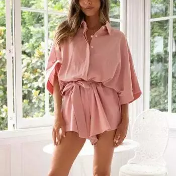 Женский комбинезон Sense с рубашочным воротником в европейском и американском стиле, лето 2024, новый универсальный пояс с завязками и короткими рукавами Ju розовый