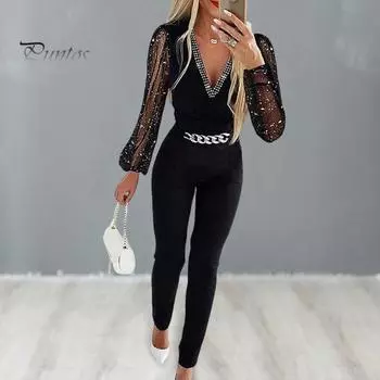 Женский комбинезон со стразами, прозрачная сетчатая цепочка с декором, облегающий длинный комбинезон с v-образным вырезом и высокой талией, однотонный деловой стильный длинный комбинезон XL чёрный