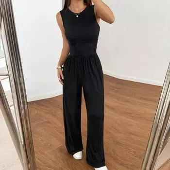 Женский комбинезон свободного кроя без рукавов с широкими штанинами на весну и лето S чёрный