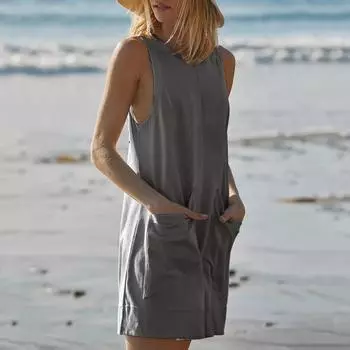 Женский комбинезон, свободный комбинезон без рукавов, мягкий круглый вырез, однотонный, с открытой спиной, с большими карманами, с глубокой промежностью S темно-серого