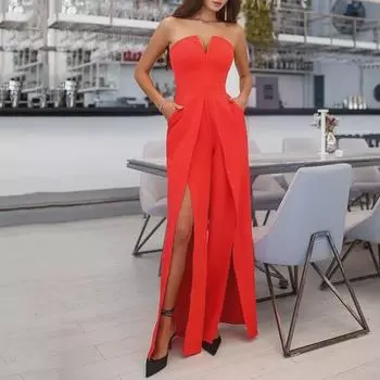 Женский комбинезон-труба с V-образным вырезом и разрезами в европейско-американском стиле - мода лета 2025 года 2XL синий