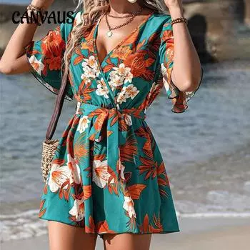 Женский комбинезон в пляжном праздничном стиле с рюшами на рукавах и поясом через шею, короткие классические брюки, свободный комбинезон с принтом S зелёный