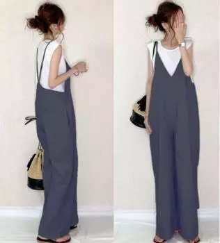 Женский комбинезон в японском стиле с широкими штанинами, лето 2024 г.: Однотонные повседневные свободные подтяжки