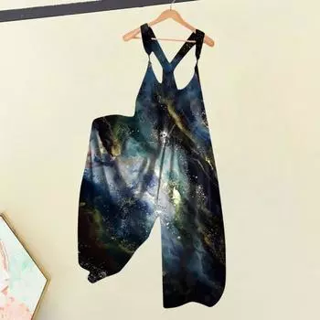 Женский комбинезон Yousheng без рукавов с широкими штанинами в этническом стиле с принтом, свободный, с глубоким шаговым швом, с низким вырезом, с карманами и перекрещивающимися подтяжками на спине L