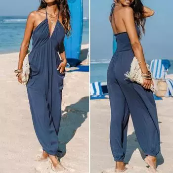 Женский комбинезон Yousheng Halter Maxi с глубоким V-образным вырезом, длинные брюки для бега с карманами, повседневный пляжный комбинезон без рукавов S морской синий