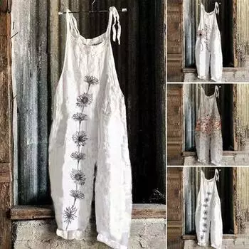 Женский комбинезон Yousheng на шнуровке с ремешком в стиле ретро с цветочным принтом, глубоким пахом, глубокими подмышками, открытой спиной, повседневная одежда, повседневный комбинезон на подтяжках 2XL белый