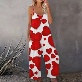 Женский комбинезон Женский модный повседневный свободный комбинезон с лямками на спине ко Дню святого Валентина XL киноварь