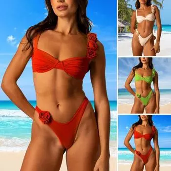 Женский комплект бикини, 2 шт./компл., плиссированный бюстгальтер с проволочной подкладкой и 3D цветочным декором, трусы с высокой талией, одноцветная пляжная одежда