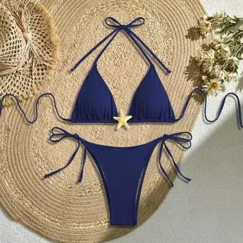 Женский комплект бикини, двухсекционный купальник с завязками по бокам и декором в виде морской звезды, сексуальный S чёрный