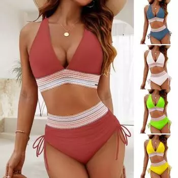 Женский комплект бикини из 2 предметов, цветной бюстгальтер с V-образным вырезом и высокой талией, плавки, комплект, регулируемые бретели, пляжный купальник S