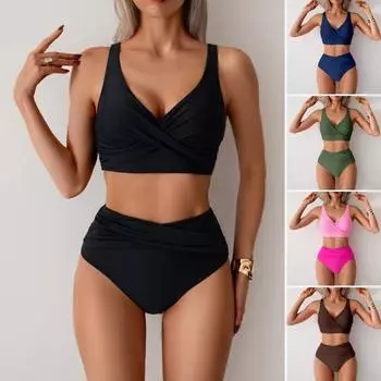 Женский комплект бикини из 2 предметов, глубокий V-образный вырез, бюстгальтер без косточек, высокая талия, плавки, комплект, однотонный дизайн, раздельный дизайн, пляжная одежда S кофейный