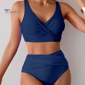 Женский комплект бикини из 2 предметов, глубокий V-образный вырез, бюстгальтер без косточек, высокая талия, плавки, комплект, однотонный дизайн, раздельный дизайн, пляжная одежда S армия зеленый