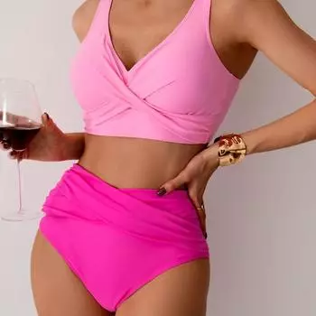 Женский комплект бикини из 2 предметов, глубокий V-образный вырез, бюстгальтер без косточек, высокая талия, плавки, комплект, однотонный дизайн, раздельный дизайн, пляжная одежда S розовый