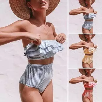 Женский комплект бикини из 2 предметов с оборками, бюстгальтер-бандо с подкладкой и высокой талией, комплект трусов с полосатым принтом, пляжная одежда S красный