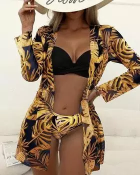 Женский комплект бикини из 3 предметов с цветочным принтом, сексуальный быстросохнущий купальник S синий