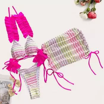 Женский комплект бикини из 3 шт./компл., соответствующий цвету, на шнуровке, с бретелькой на шее, с гофрировкой, плиссированный, эластичный, регулируемый, быстросохнущий L синий