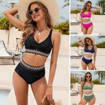 Женский комплект бикини из двух частей, купальник с высокой талией, V-образный вырез, утягивающий живот, купальный костюм для повседневной носки на пляже и вечеринках S армия зеленый