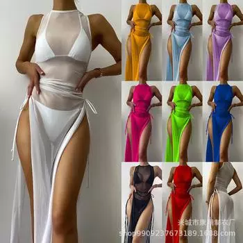 Женский комплект бикини, комплект из 3 предметов, купальник с мягкой лямкой, топ с открытой спиной, стринги, низ, без рукавов, с разрезом и завязкой по бокам, сетчатый купальник, сексуальный купальный костюм S