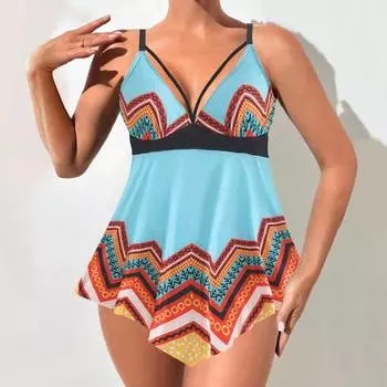 Женский комплект бикини, купальник с V-образным вырезом, принтованный купальный костюм, пляжная одежда XS синий