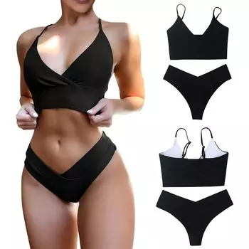 Женский комплект бикини, купальник с высокой талией, женский однотонный купальник с разрезом, пляжный купальник L чёрный