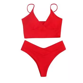 Женский комплект бикини, купальник с высокой талией, женский однотонный купальник с разрезом, пляжный купальник, пляжный купальник L красный