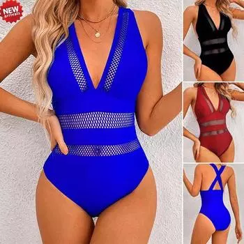 Женский комплект бикини, летняя мода, глубокий V-образный вырез, сетчатый лоскутный купальник, сплошной цвет, цельный купальник, пляжная одежда, купальник с эффектом пуш-ап XL чёрный