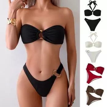 Женский комплект бикини с металлическим кольцом и высокой талией, двухсекционный купальник, сексуальный купальник с вырезом на шее для пляжной вечеринки S