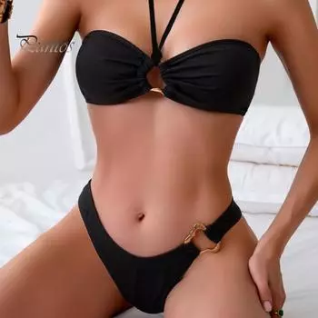Женский комплект бикини с металлическим кольцом и высокой талией, двухсекционный купальник, сексуальный купальник с вырезом на шее для пляжной вечеринки S чёрный