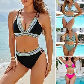Женский комплект бикини с высокой талией, цветной блок, двухсекционный купальник с V-образным вырезом и перекрещивающимися бретелями на спине, плавки, купальники для пляжа, отдыха, бассейна S армия зеленый