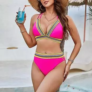 Женский комплект бикини с высокой талией, цветной блок, двухсекционный купальник с V-образным вырезом и перекрещивающимися бретелями S армия зеленый