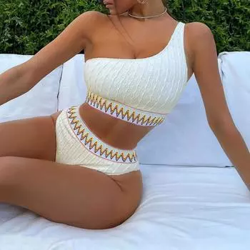 Женский комплект бикини с высокой талией и V-образным вырезом, купальник из двух частей, цветной блок, витой купальник спереди L белый