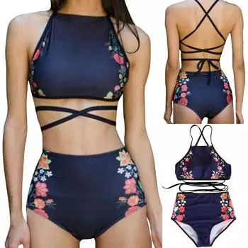 Женский комплект бикини с высокой талией из двух частей Купальник с цветочным принтом Купальный костюм Купальники S синий