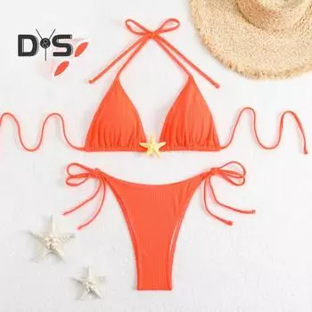 Женский комплект бикини с завязками по бокам, двухсекционный купальник с декором в виде морской звезды, сексуальные треугольные купальные костюмы для пляжного отдыха и бассейна с горячими источниками S красный