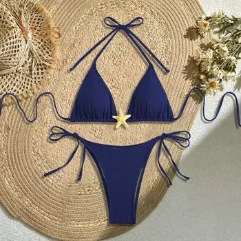 Женский комплект бикини с завязками по бокам, двухсекционный купальник с декором в виде морской звезды, сексуальные треугольные купальные костюмы для пляжного отдыха и бассейна с горячими источниками S оранжевый