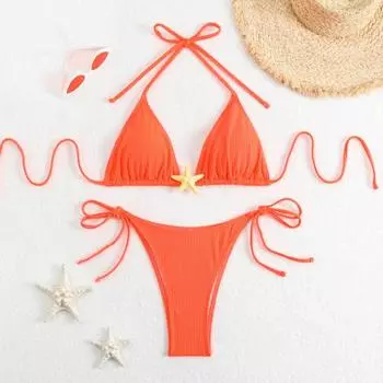 Женский комплект бикини с завязками по бокам, двухсекционный купальник с декором в виде морской звезды, сексуальные треугольные купальные костюмы для пляжного отдыха и бассейна с горячими источниками S чёрный