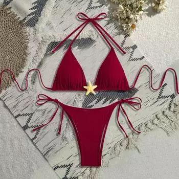 Женский комплект бикини с завязками по бокам, двухсекционный купальник с декором в виде морской звезды, сексуальные треугольные купальные костюмы для пляжного отдыха и бассейна с горячими источниками S красный