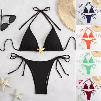 Женский комплект бикини с завязками по бокам, двухсекционный купальник с декором в виде морской звезды, сексуальные треугольные купальные костюмы для пляжного отдыха и бассейна с горячими источниками S красный