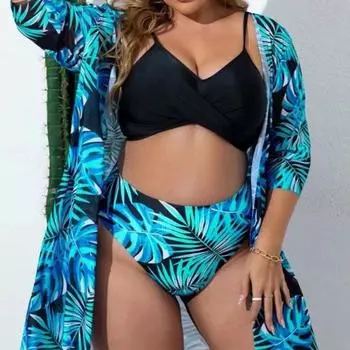 Женский комплект бикини, сексуальное бикини с высокой талией, три предмета, купальник с цветочным принтом, блузка с длинными рукавами XL