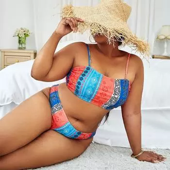Женский комплект бикини, сексуальный купальник из двух предметов, купальник с принтом, купальные костюмы, боди, пляжная одежда, комплекты для купания, большие размеры, женский 0XL синий