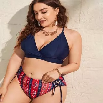 Женский комплект бикини, сексуальный купальник, купальник из двух предметов, купальные костюмы, боди, пляжная одежда, комплекты для купания, большие размеры, танкини 0XL синий