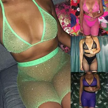 Женский комплект бикини со стразами, сетчатый бюстгальтер с бретельками, ажурная пляжная одежда, одежда для сна, прикрытие M