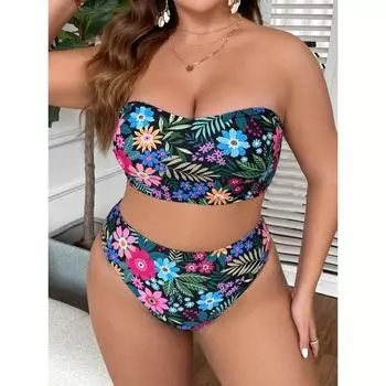 Женский комплект бикини Vacay, бюстгальтер-бандо большого размера с тропическим принтом и купальник-трусы с высоким вырезом, комплект из 2 предметов 0XL чёрный