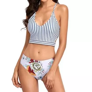 Женский комплект бикини в полоску в стиле ретро, купальник с цветочным принтом, купальники S